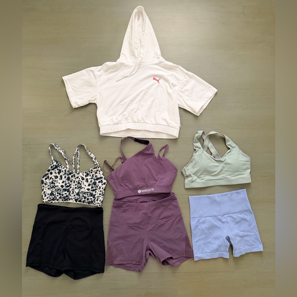 Three Sets of Stylish Activewear Biker Shorts and Sports Bras with Hoodie